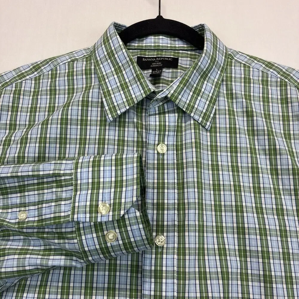 Banana Republic Men’s Dress Shirt Large Green Blue Plaid Non Iron Classic Fit